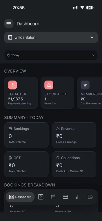 The EaseSeat Business app dashboard: today's dues, a stock alert, memberships, bookings, revenue and collections for one salon