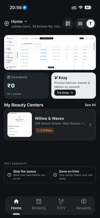 The EaseSeat customer app home screen: cashback balance, a beauty centre with live offers, and the Booking, Ezzy and Rewards tabs