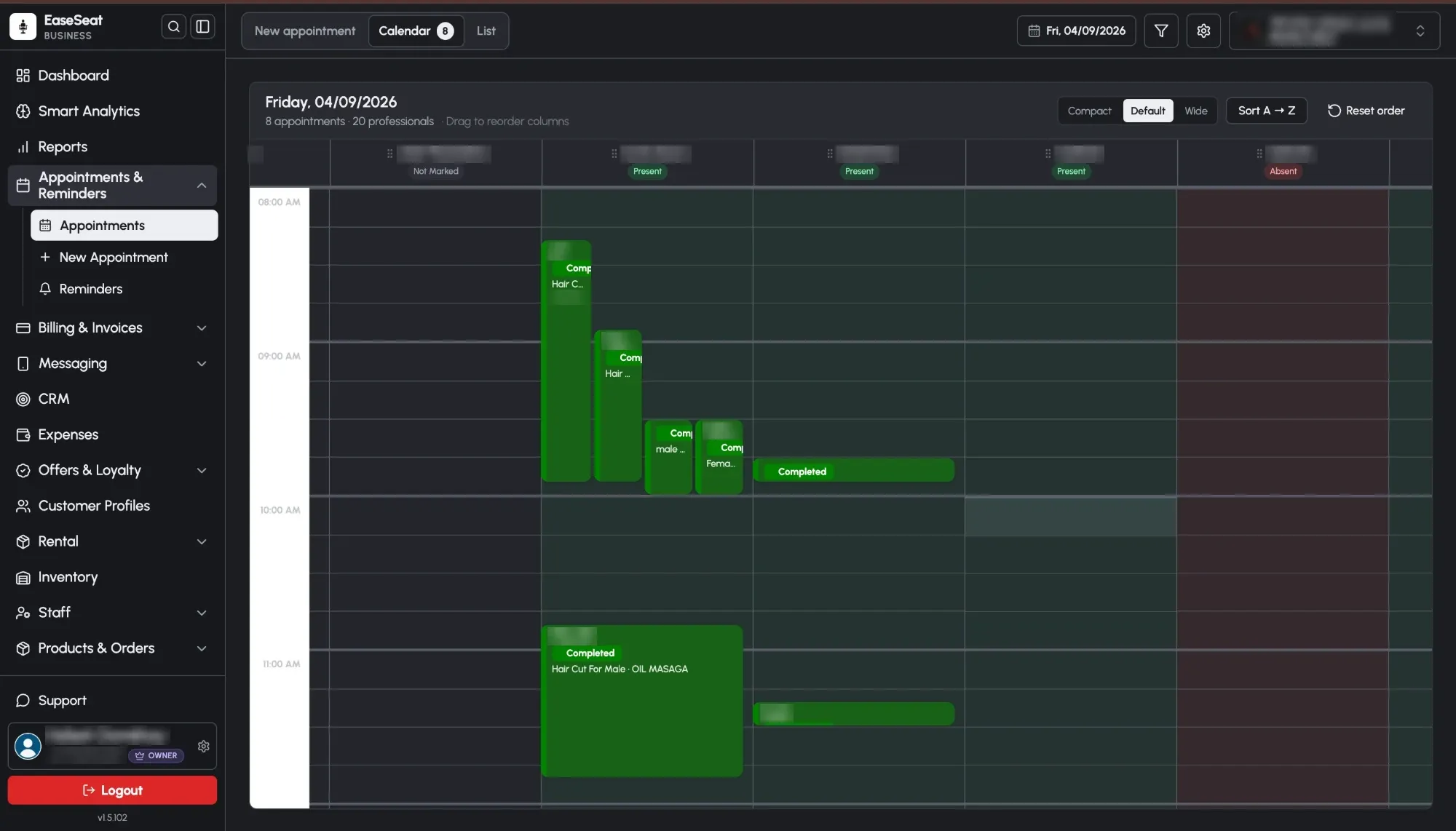 EaseSeat appointment calendar for one day, a column per staff member with their attendance, and completed bookings