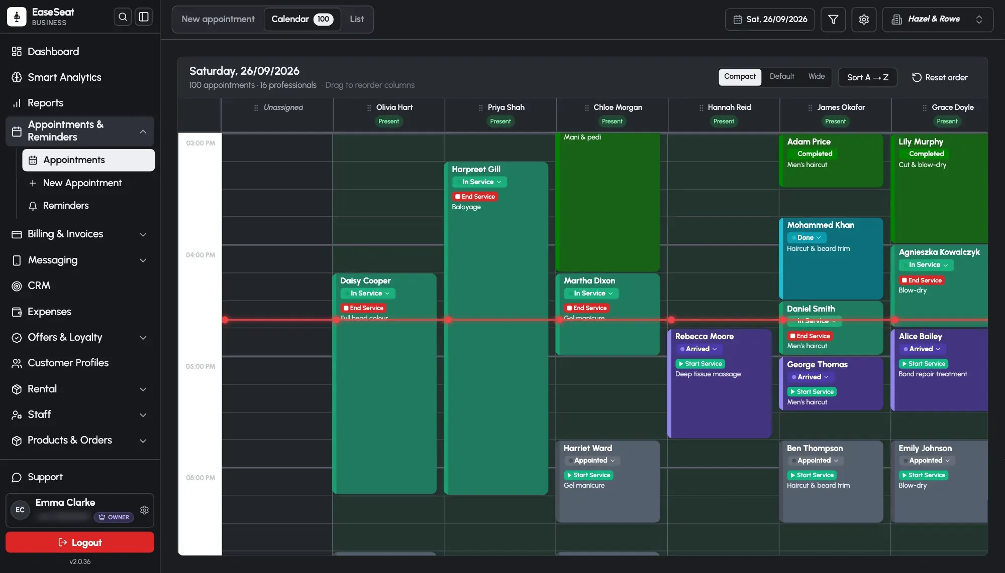EaseSeat appointment calendar for one day, a column per staff member with their attendance, and each booking's status