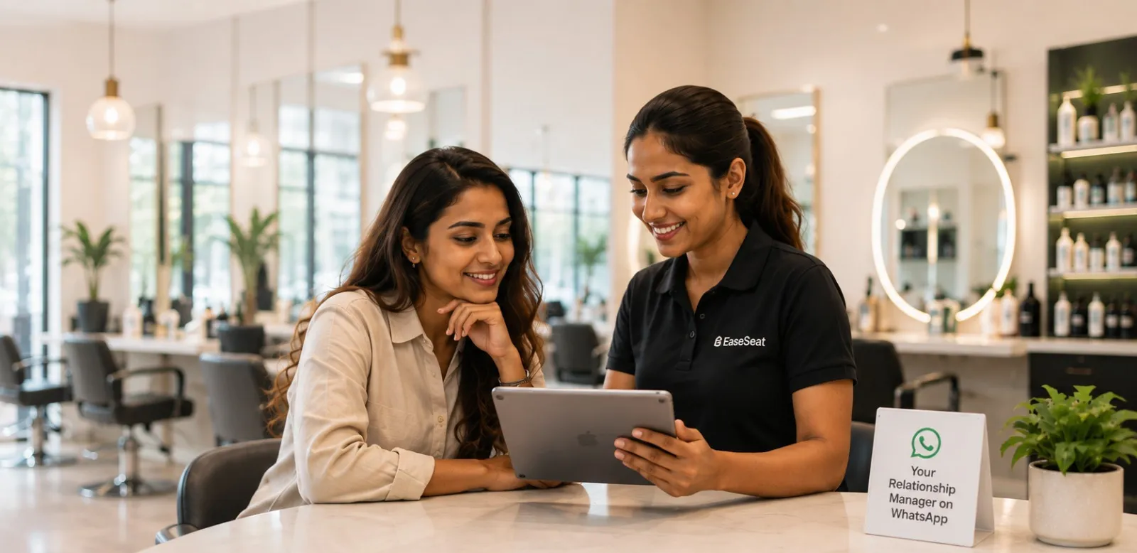 An EaseSeat Relationship Manager showing a salon owner her numbers on a tablet