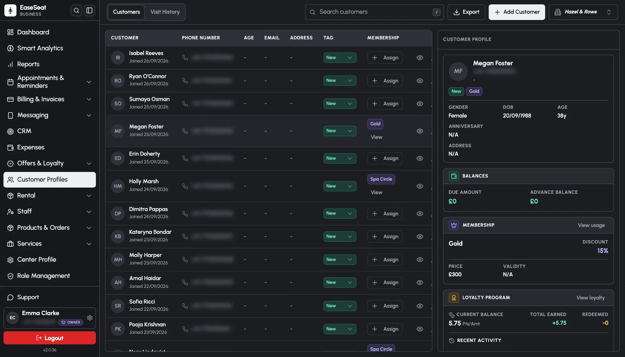 EaseSeat customer list with each customer's tag and membership, and a customer profile with balances, loyalty and spend by period