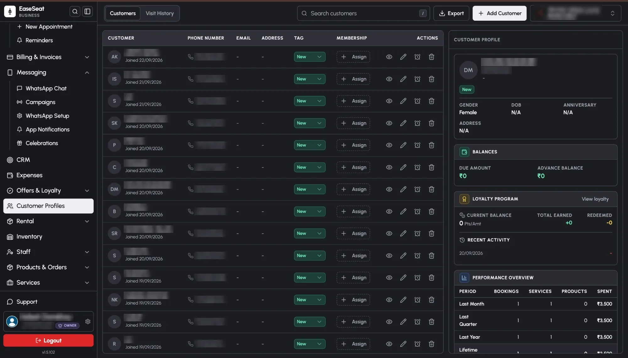 EaseSeat customer list with each customer's tag and membership, and a customer profile with balances, loyalty and spend by period