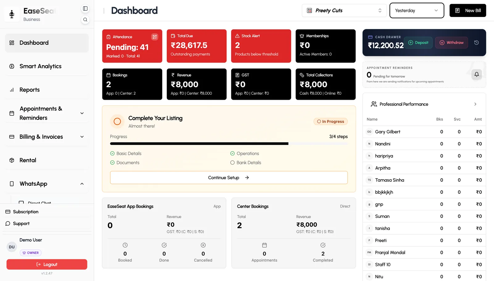 The EaseSeat dashboard — attendance, dues, revenue, cash drawer and staff performance for one day