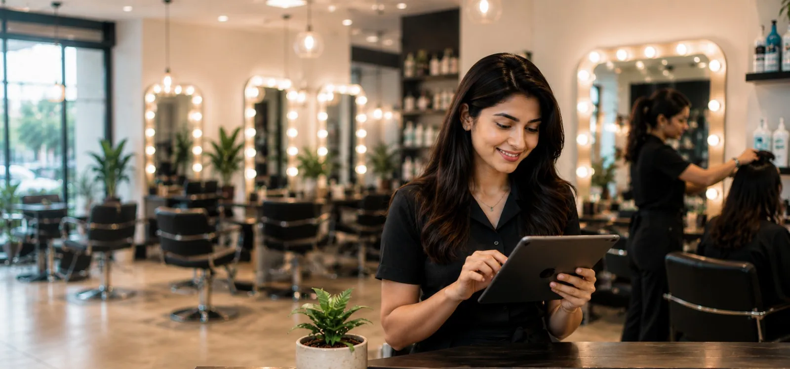 A salon receptionist checking her salon's numbers on a tablet at the front desk
