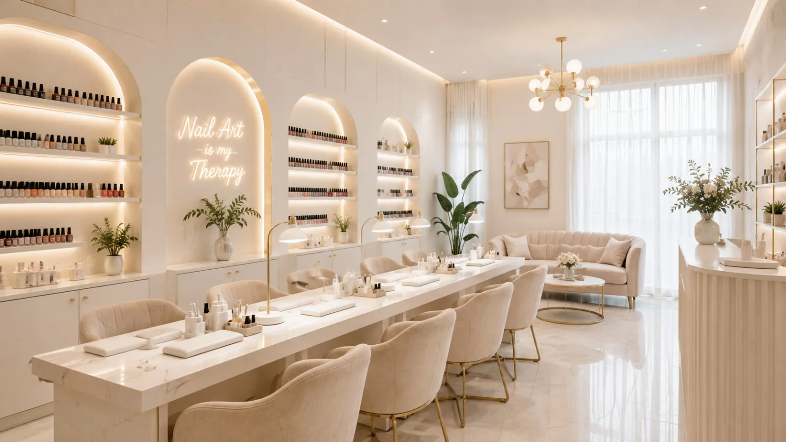 A soft-lit nail studio with a long manicure table and polish shelves