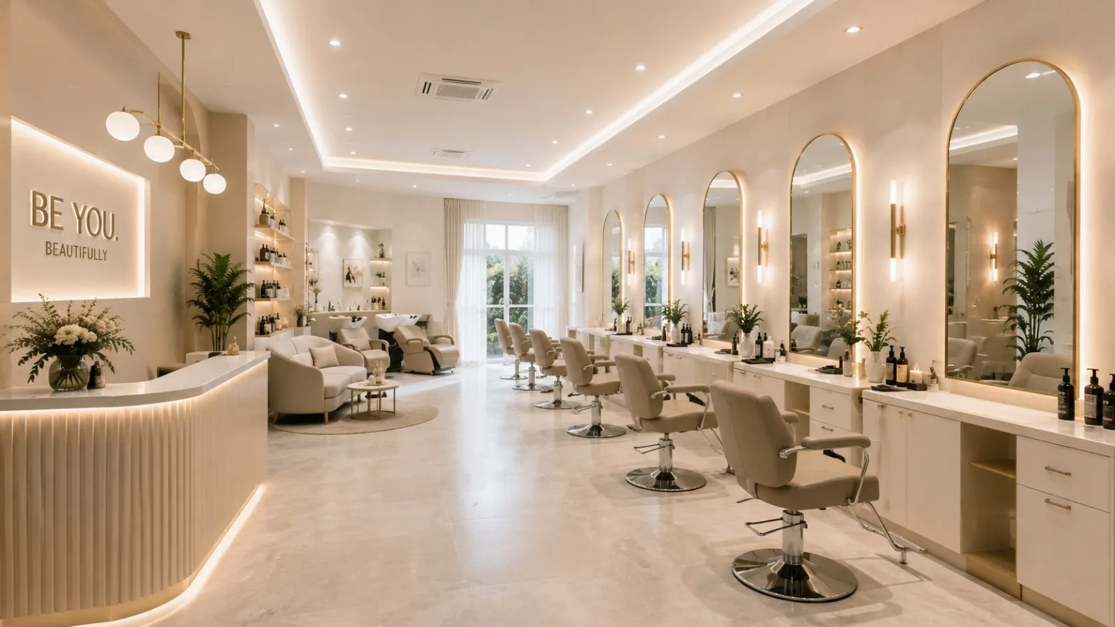 A bright salon floor with styling chairs and arched, lit mirrors