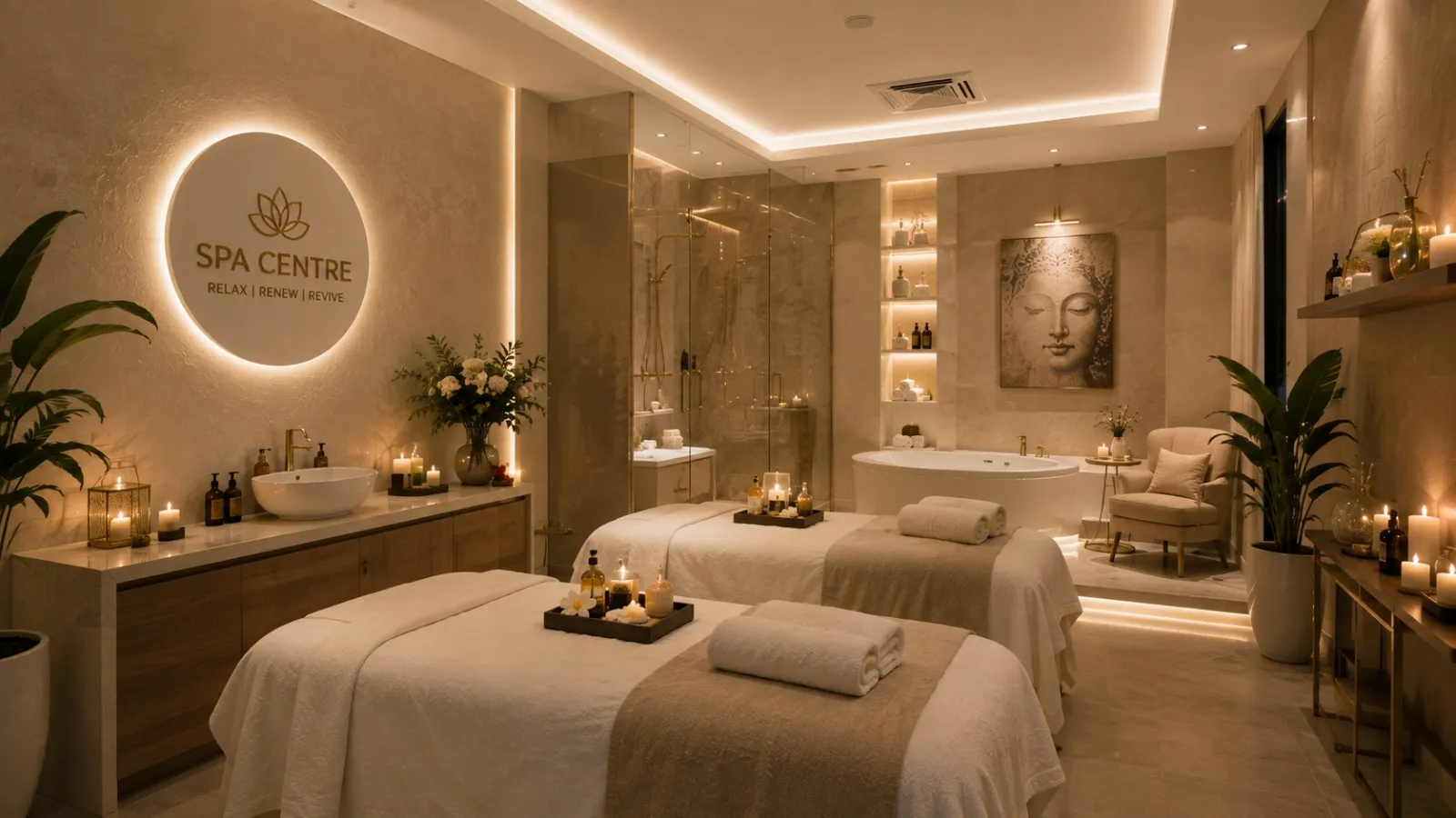 A candle-lit spa treatment room with two massage beds