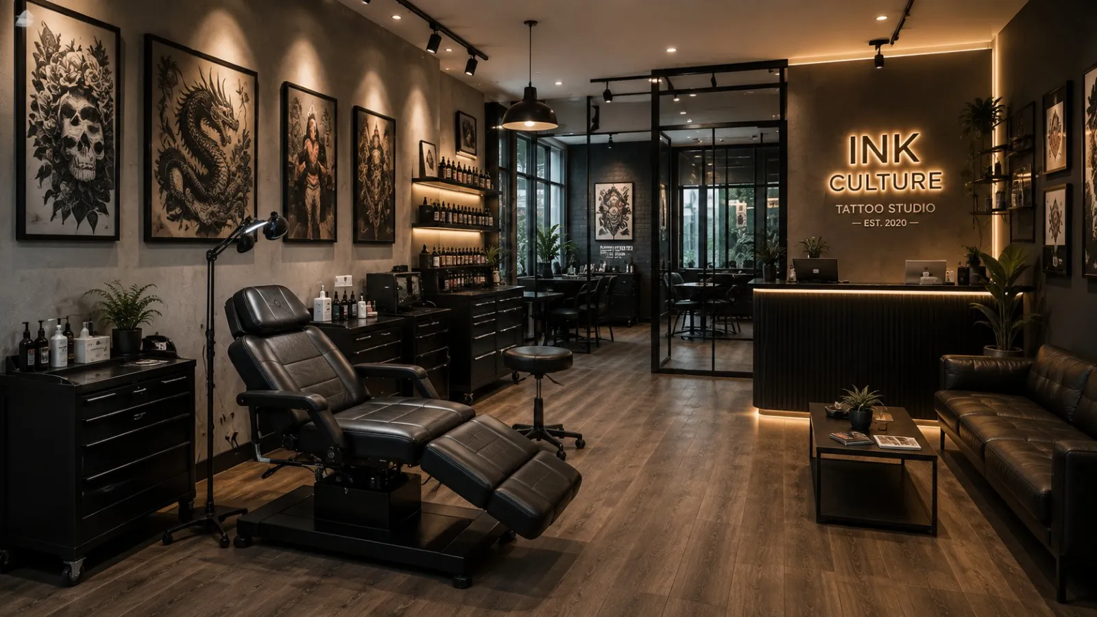 A moody tattoo studio with a leather chair and framed flash art