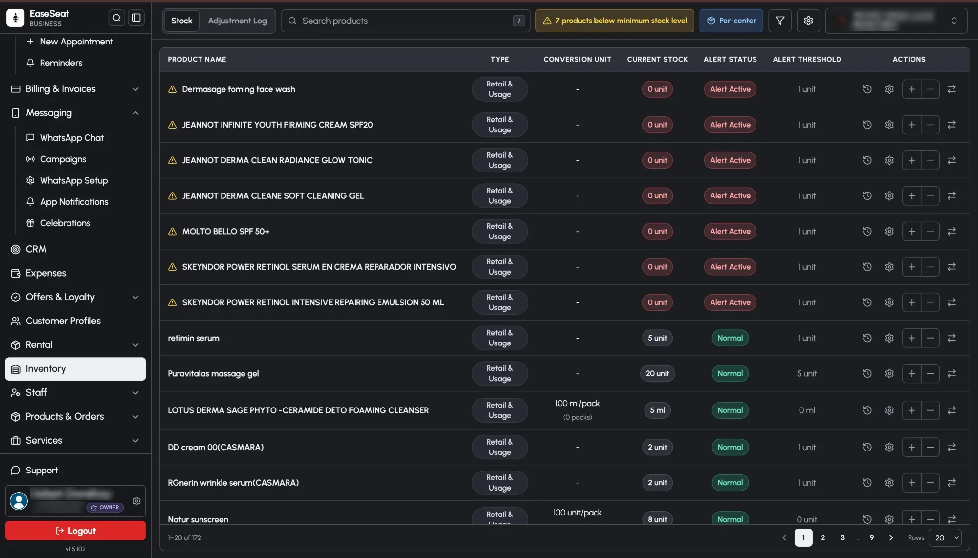 EaseSeat inventory with each product's current stock, alert status and alert threshold, low-stock products first