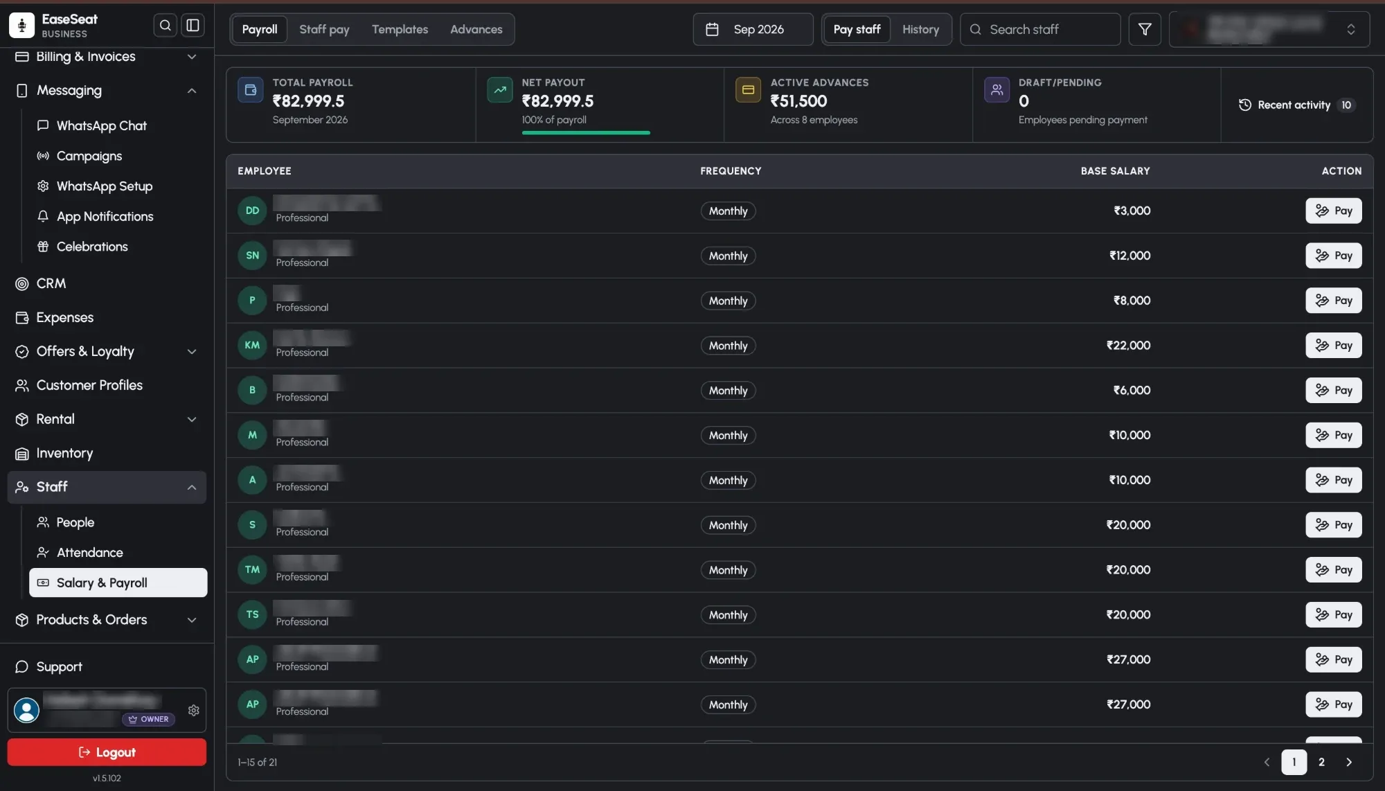 EaseSeat payroll for the month with total payroll, net payout and active advances, and each professional's base salary