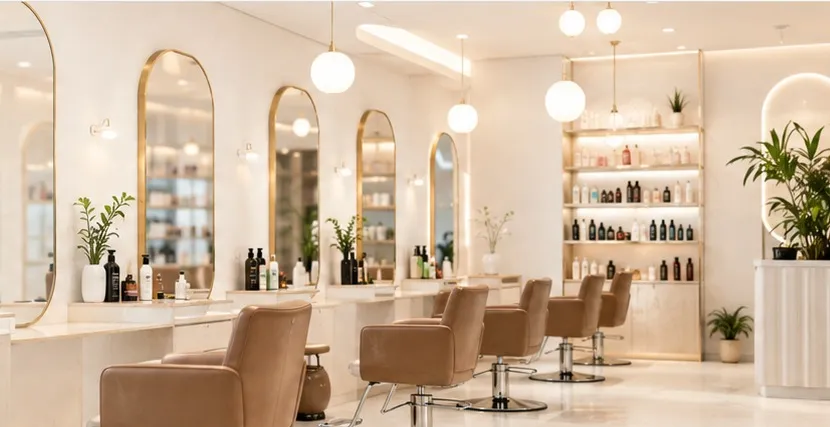 An empty salon floor at opening time — arched mirrors, styling chairs and a product wall