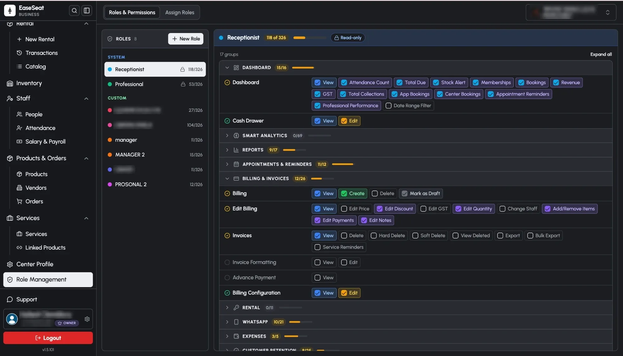 EaseSeat roles and permissions screen showing what the Receptionist role can see and do