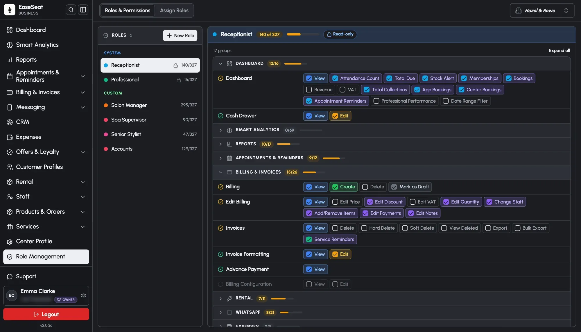 EaseSeat roles and permissions screen showing what the Receptionist role can see and do