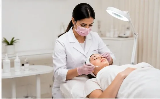 An aesthetician performing a facial treatment under a magnifying lamp