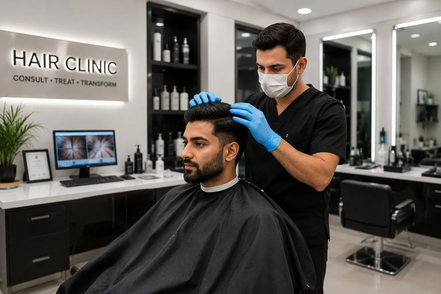 A trichologist examining a patient's scalp beside a hair-analysis screen