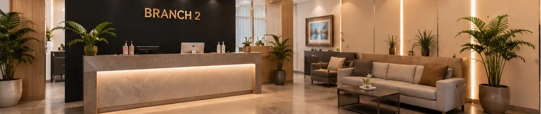 The reception lounge of a salon's second branch, signed “Branch 2”