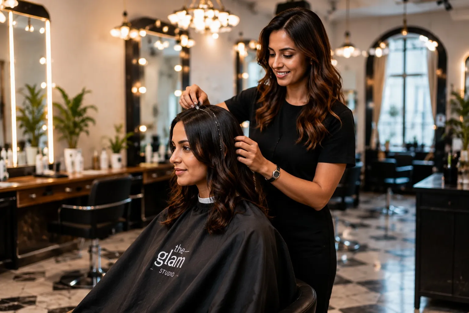 A stylist sectioning a client's hair at a warmly lit salon station