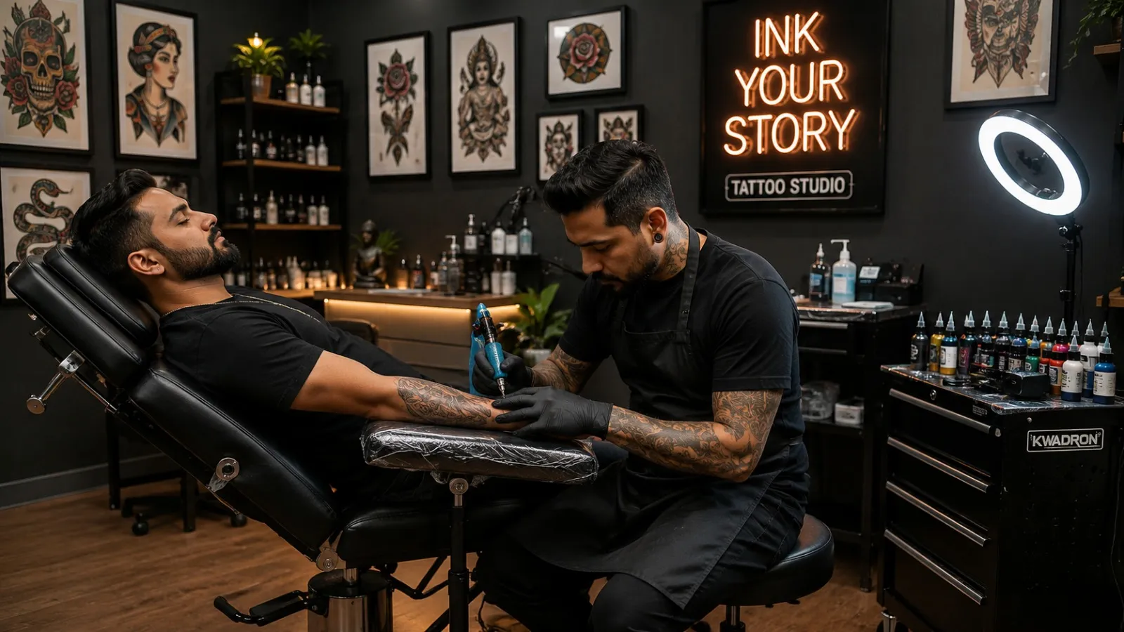 A tattoo artist working on a client's forearm in a dark studio lined with framed flash art