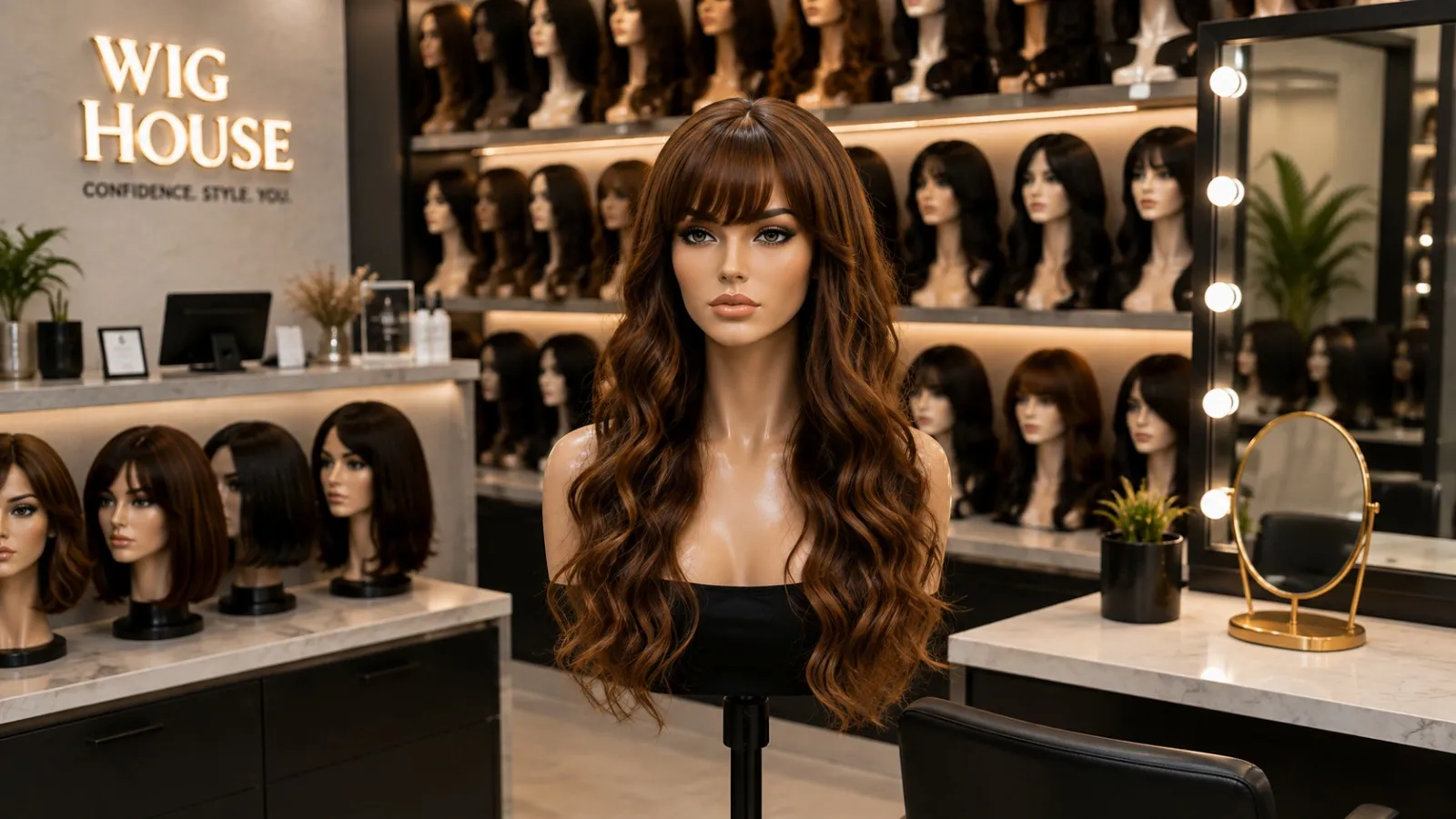 Wigs displayed on mannequin heads along the lit shelves of a wig showroom