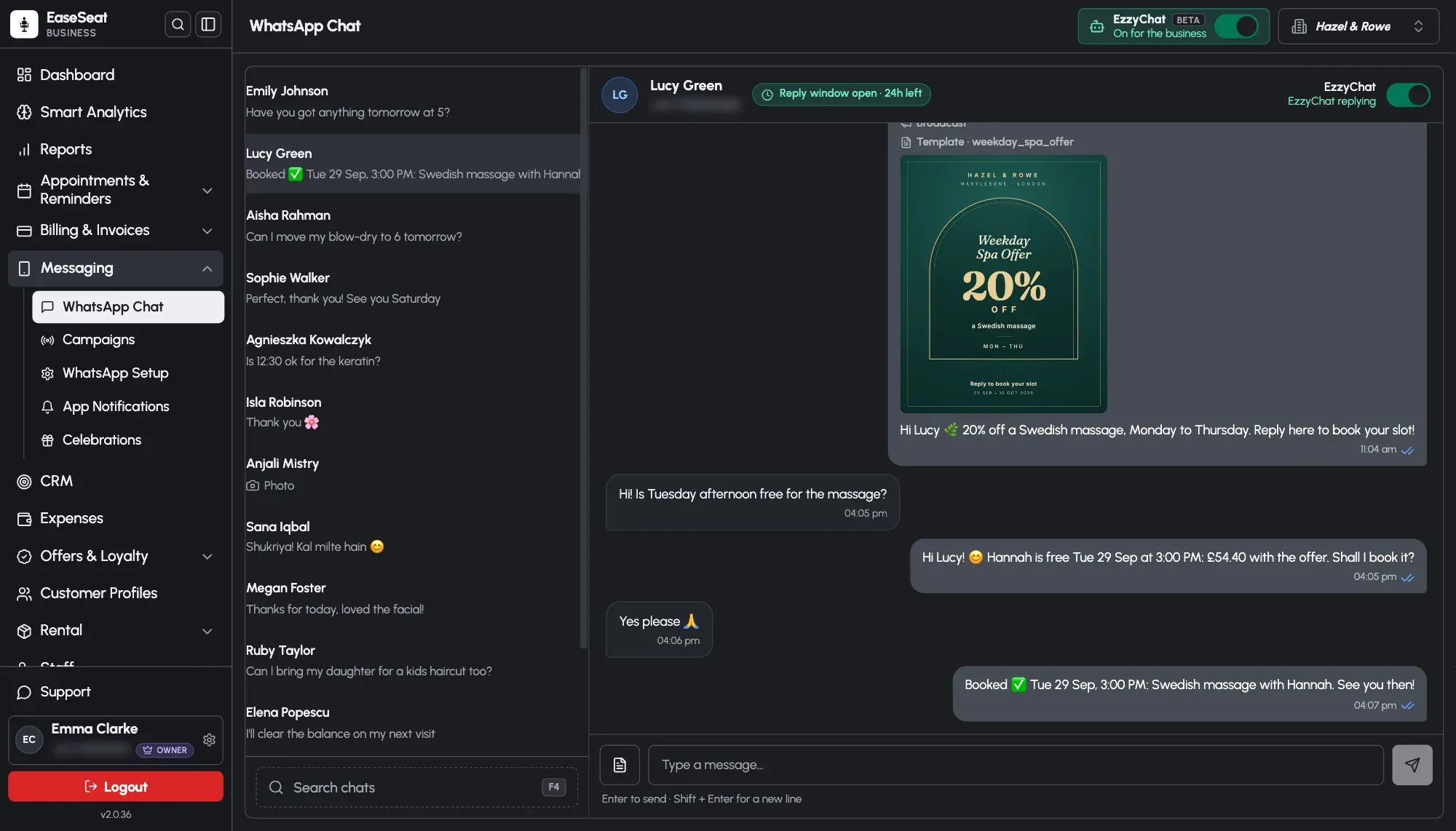 EaseSeat WhatsApp inbox with the list of customer chats and a conversation where a customer books a massage from the weekday spa offer